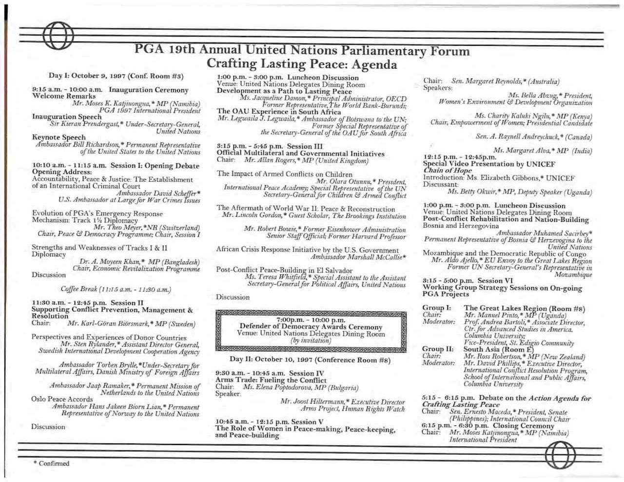 Agenda: PGA 19th Annual Parliamentary Forum - Crafting Lasting Peace