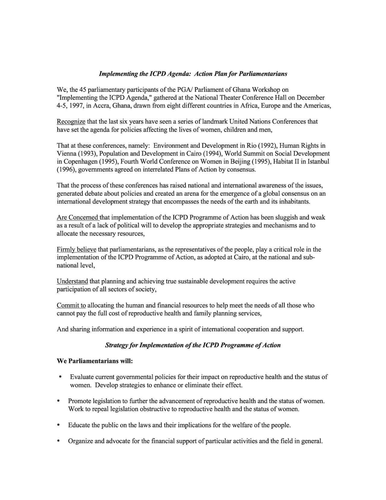 Implementing the ICPD Agenda: Action Plan for Parliamentarians (1997)