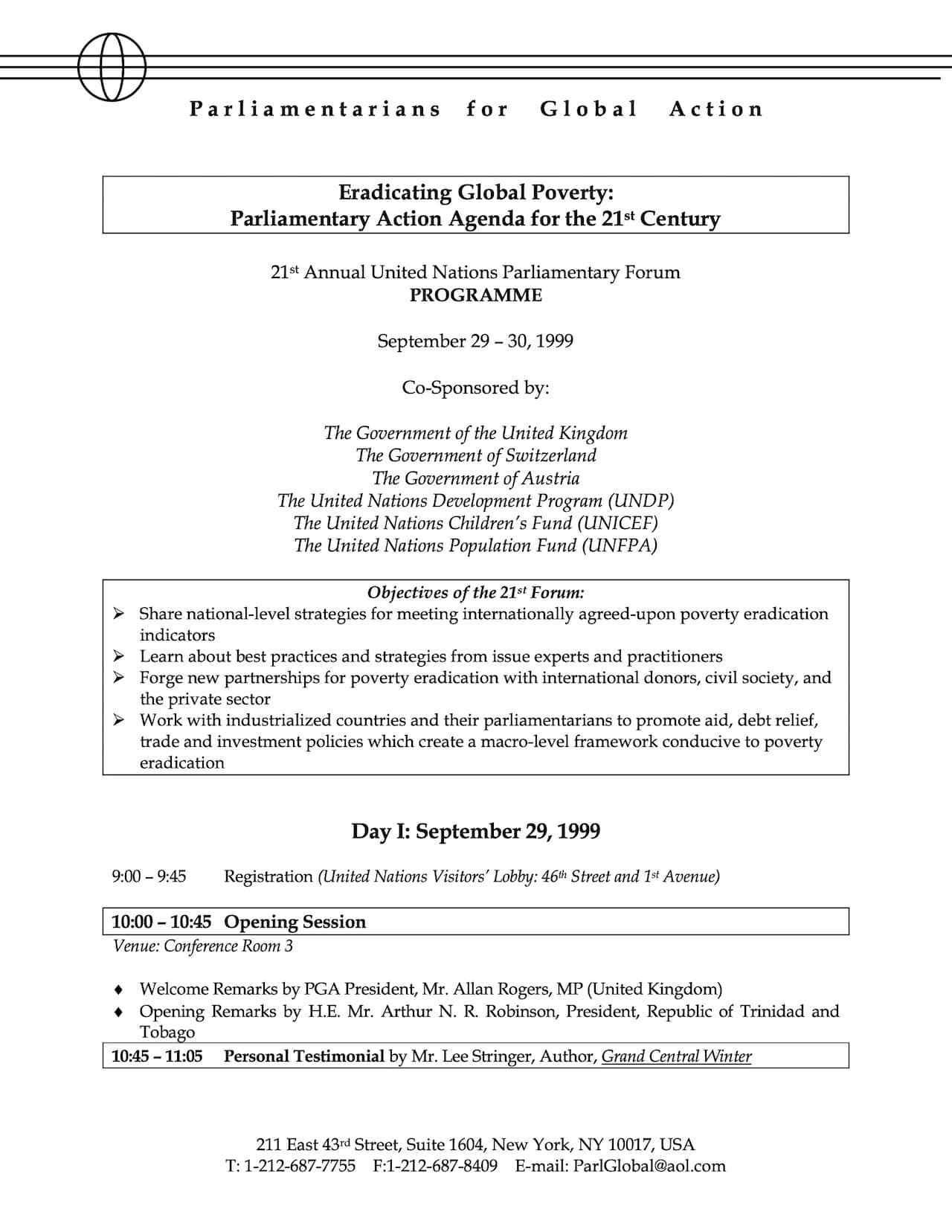 Agenda: Eradicating Global Poverty: Parliamentary Action Agenda for the 21st Century