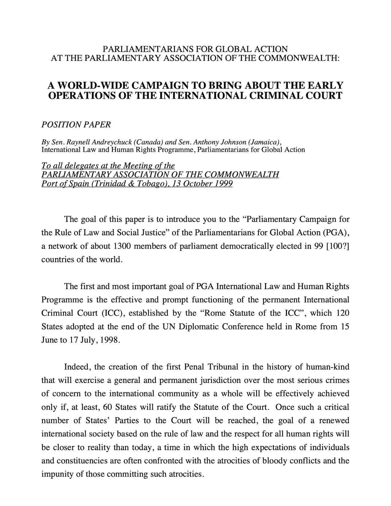 Position Paper: A World-wide Campaign To Bring About The Early Operations Of The International Criminal Court (Oct. 1999)