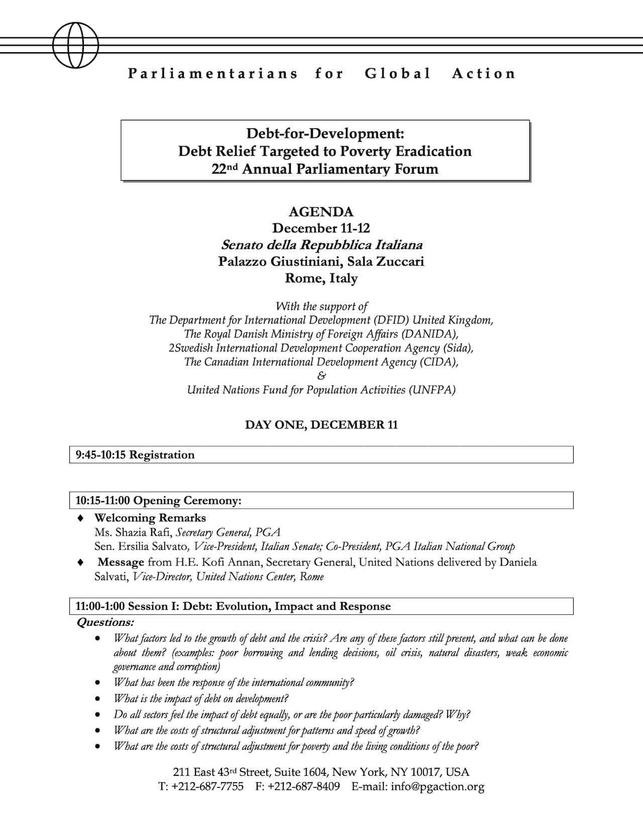 Agenda: 22nd Annual Parliamentary Forum (Dec. 2000)
