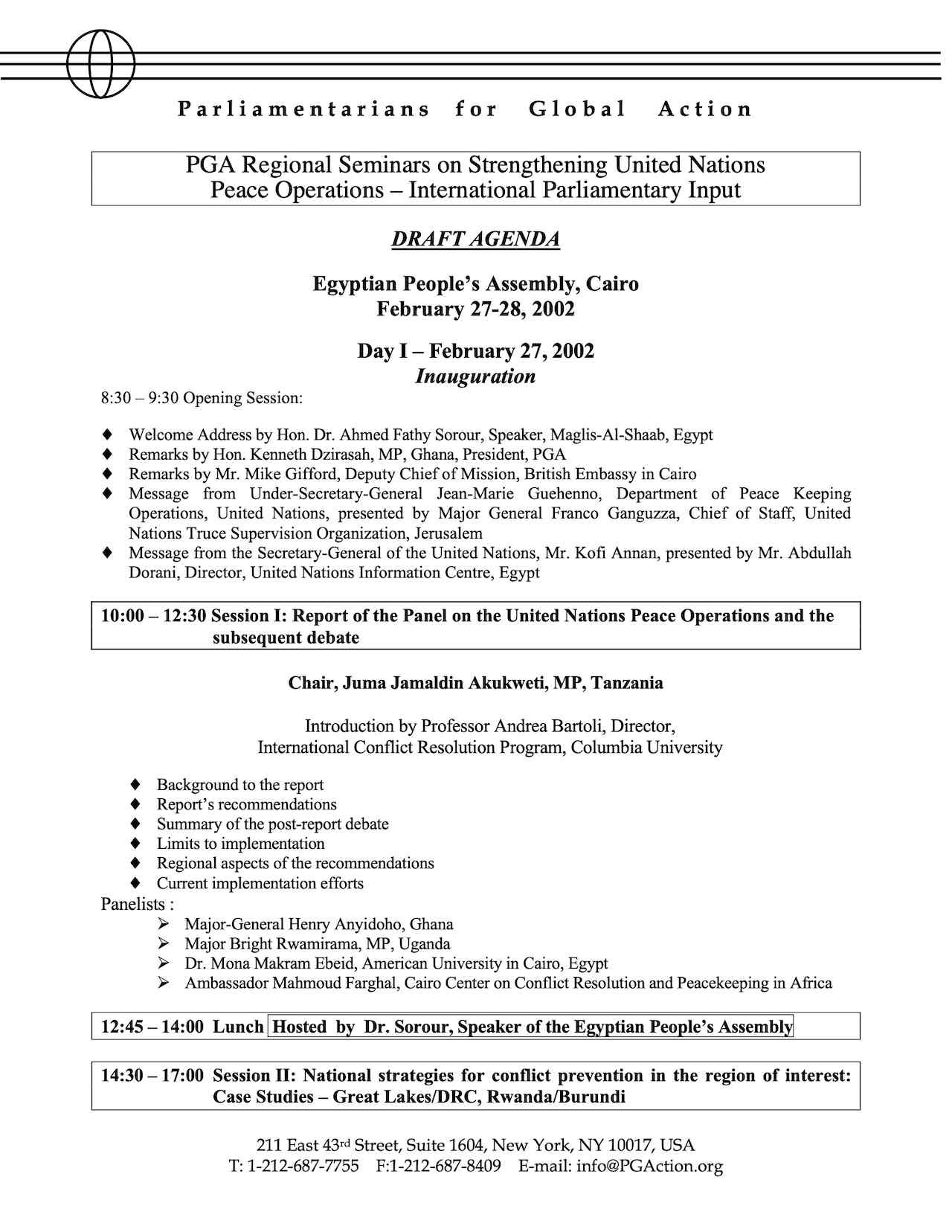 Agenda: Egyptian People's Assembly - PGA Regional Seminars on Strengthening United Nations Peace Operations (Feb. 2002)