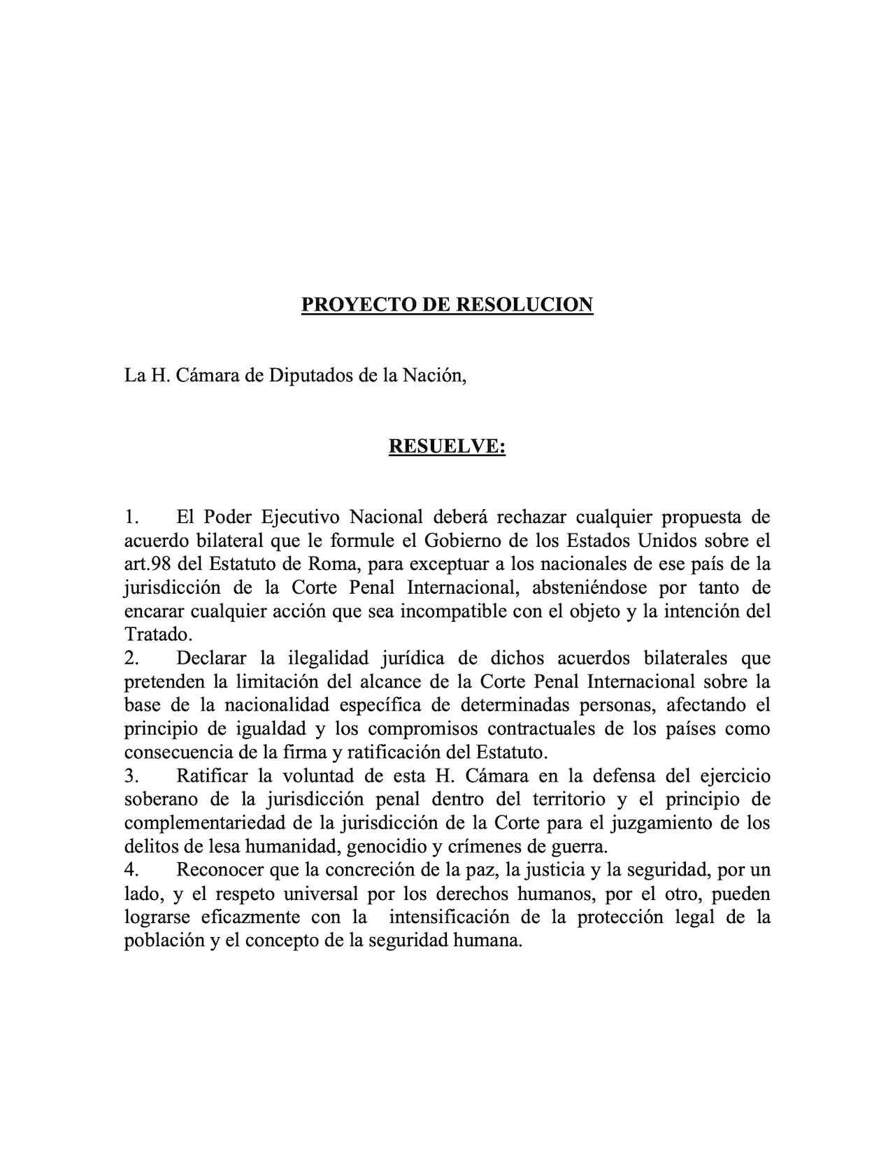 Proyecto de Resolucion - La H. Cámara de Diputados de la Nación (Argentina)
