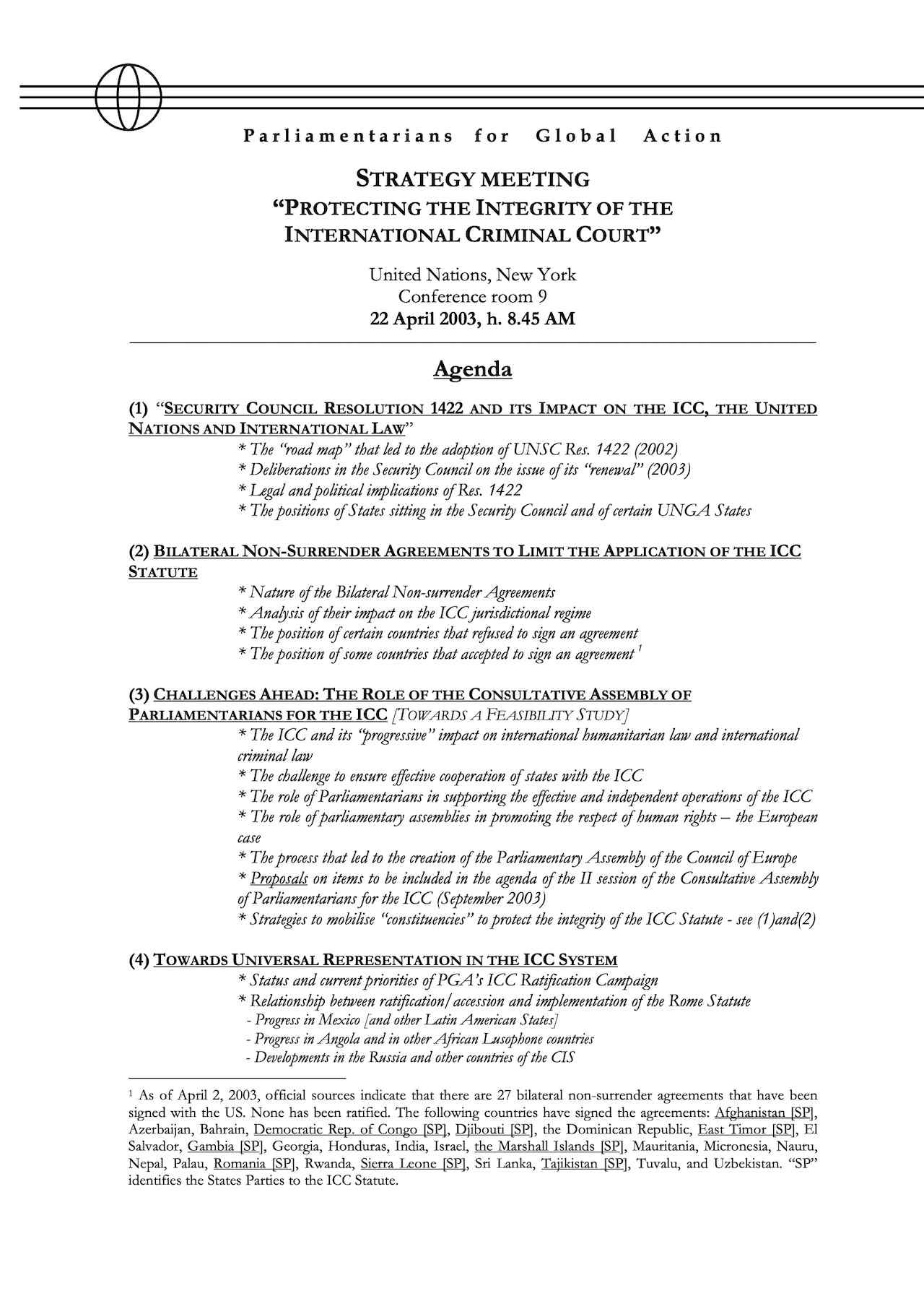 Agenda: Strategy Meeting on Protecting the Integrity of the International Criminal Court (Apr. 2003)