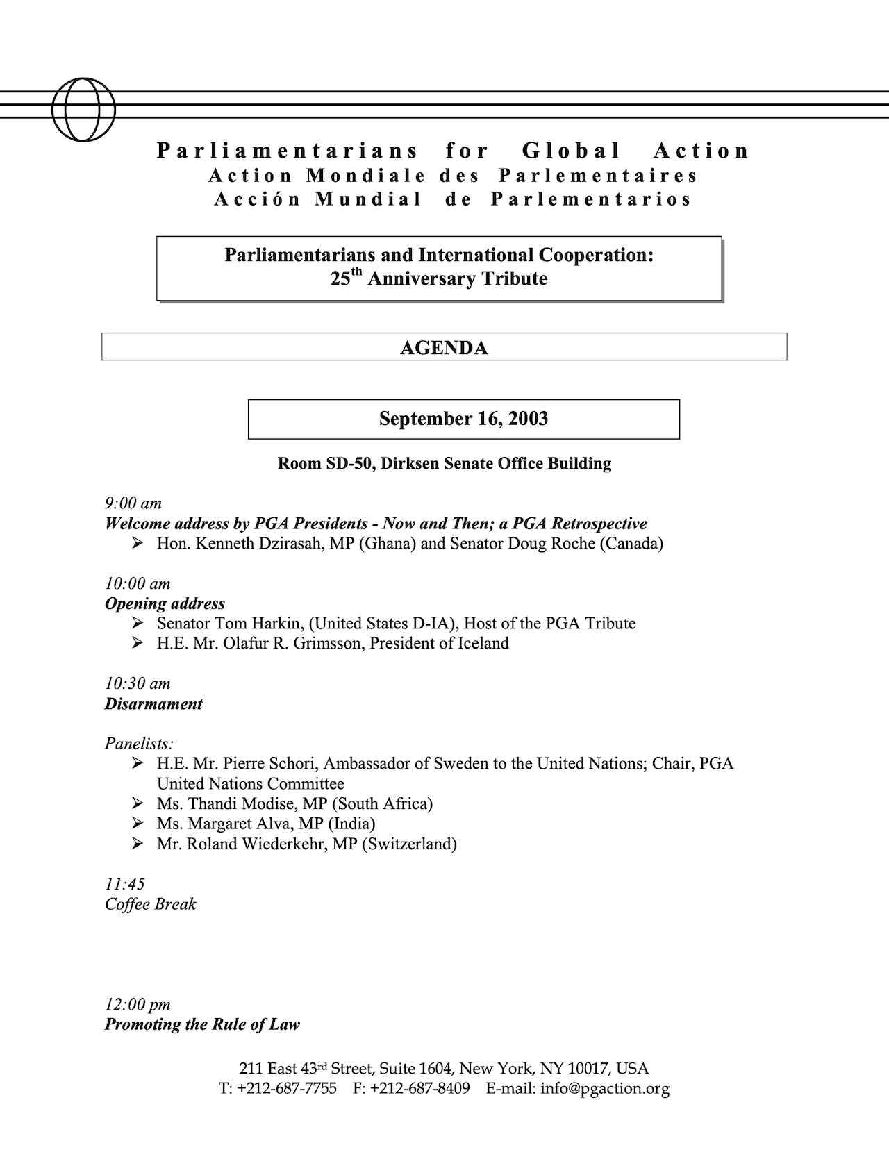 Agenda: Parliamentarians and International Cooperation: 25th Anniversary Tribute (Sep. 2003)