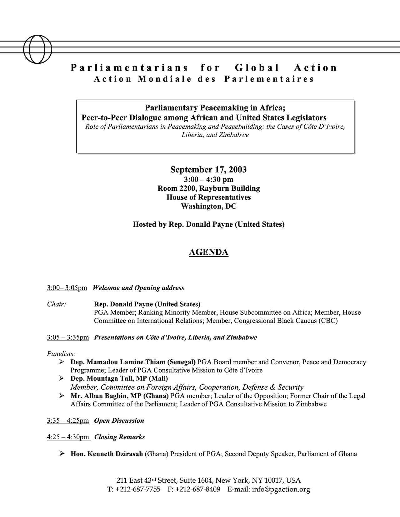 Agenda: Parliamentary Peacemaking in Africa (Sep. 2003)