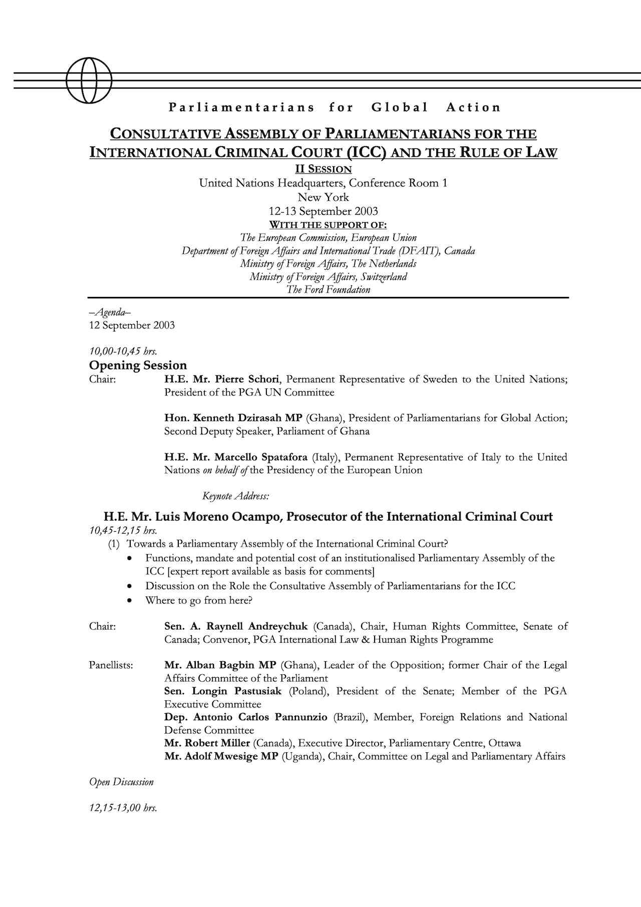 Agenda: Consultative Assembly of Parliamentarians for the ICC and the Rule of Law (Sep. 2003)