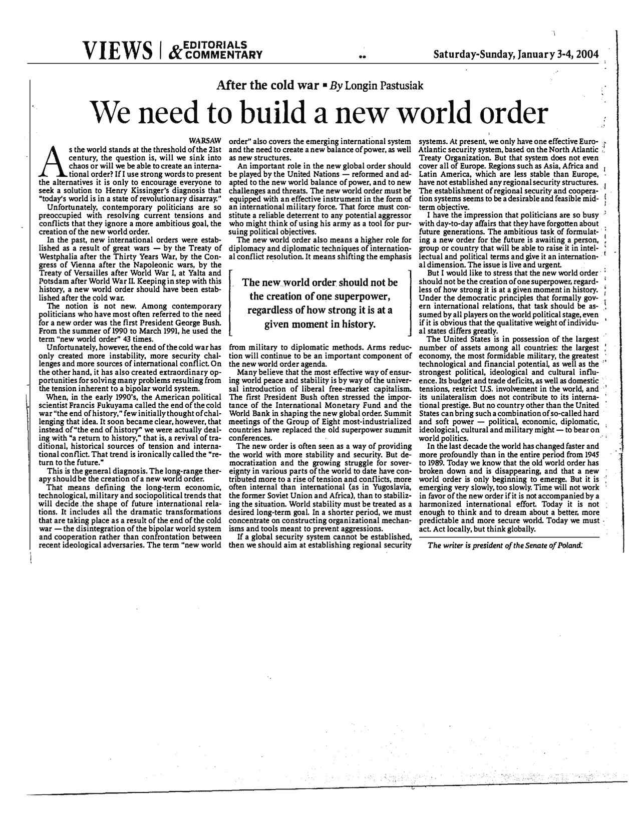 We need to build a new world order (Jan. 2004)