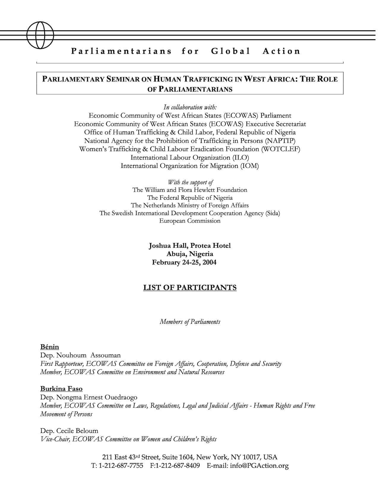 List of Participants: Parliamentary Seminar On Human Trafficking In West Africa: The Role Of Parliamentarians