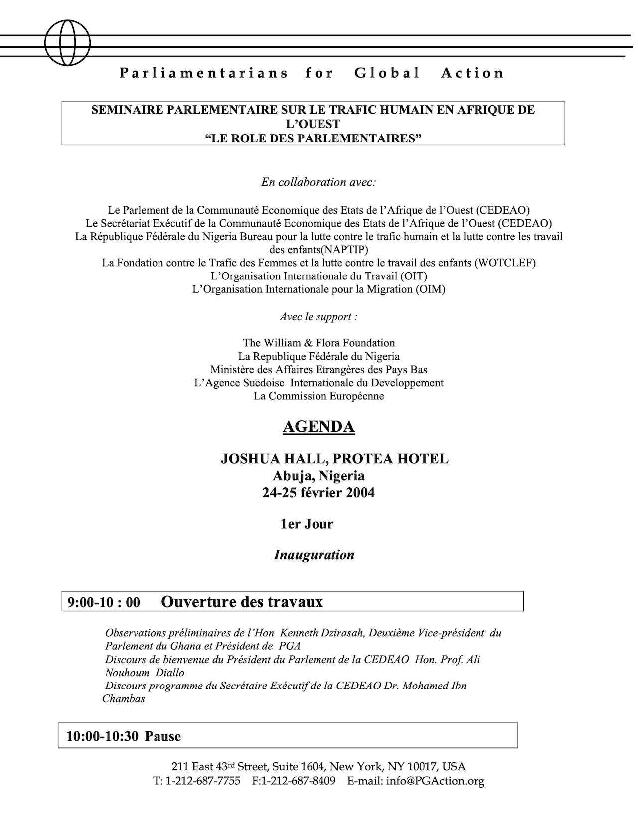 Agenda: Seminaire Parlementaire Sur Le Trafic Humain En Afrique De L’Ouest