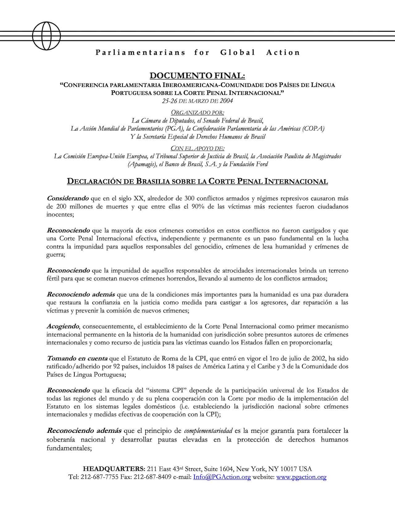 Declaración De Brasilia Sobre La Corte Penal Internacional (Mar. 2004)