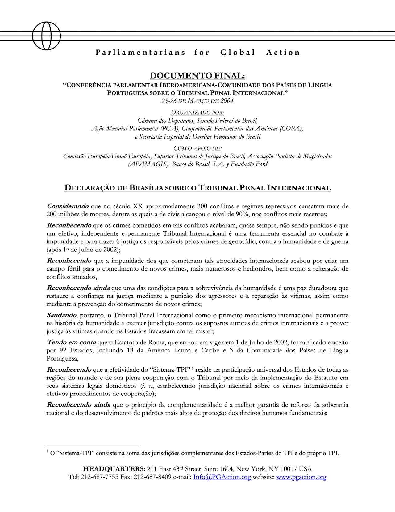 Declaração De Brasília Sobre O Tribunal Penal Internacional (Mar. 2004)