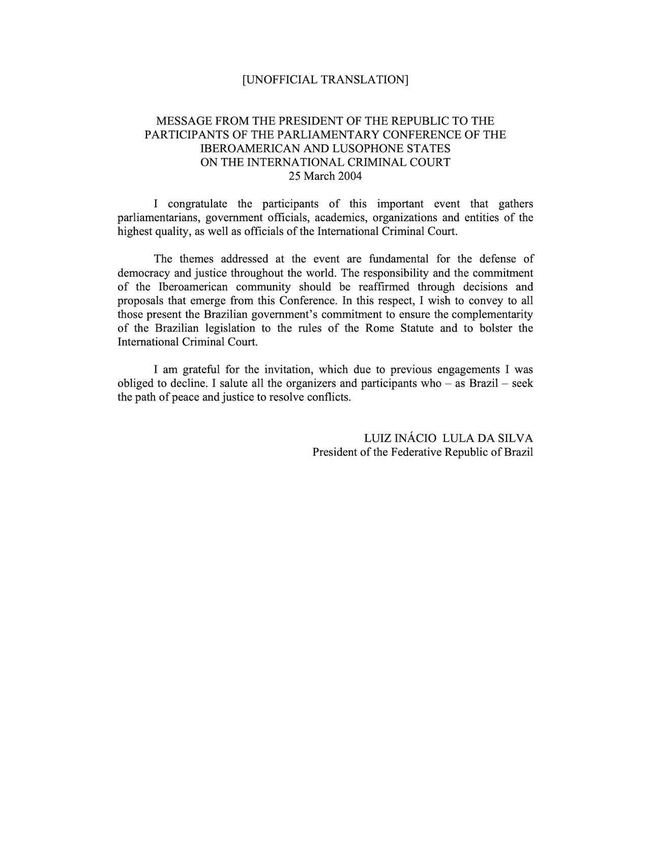 Speech: Lula da Silva, President of Brazil (Mar. 2004)