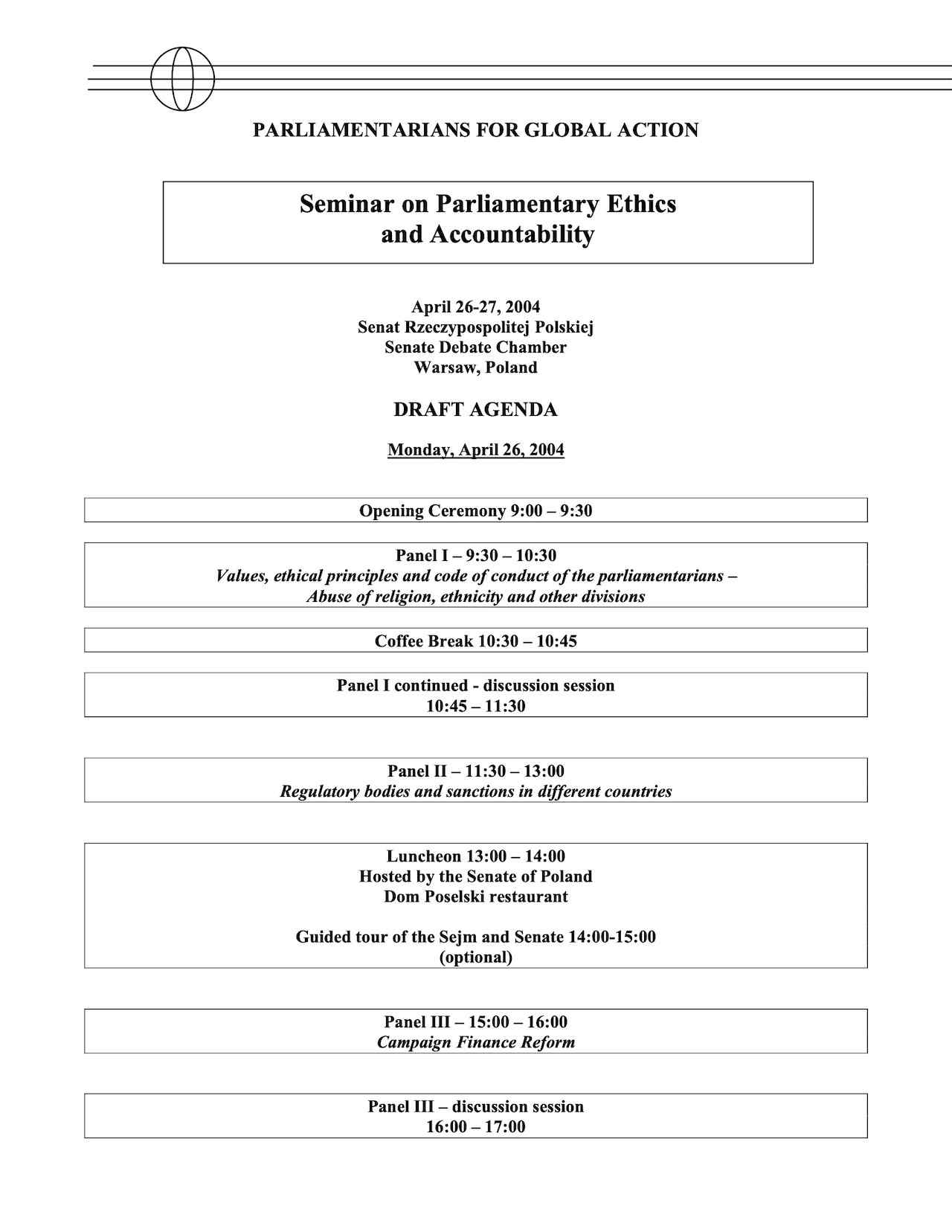 Agenda: Seminar on Parliamentary Ethics and Accountability (Apr. 2004)