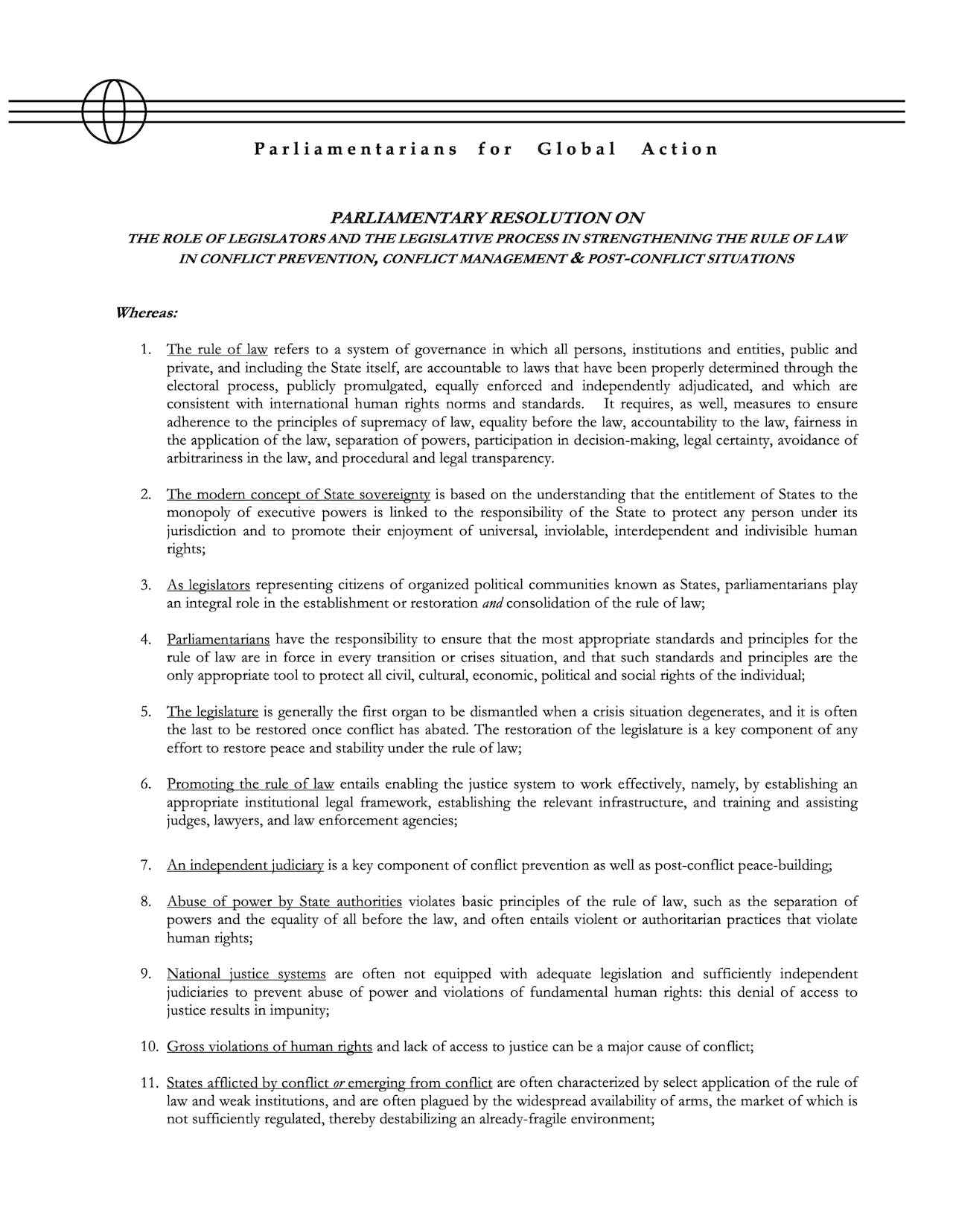 Parliamentary Resolution On The Role Of Legislators And The Legislative Process In Strengthening The Rule Of Law In Conflict Prevention, Conflict Management & Post-conflict Situations