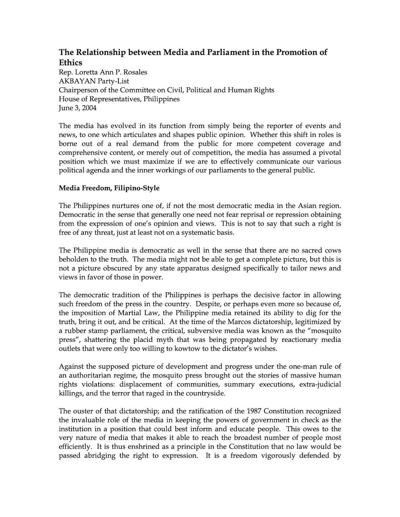 Speech by Rep. Loretta Ann P. Rosales: The Relationship between Media and Parliament in the Promotion of Ethics