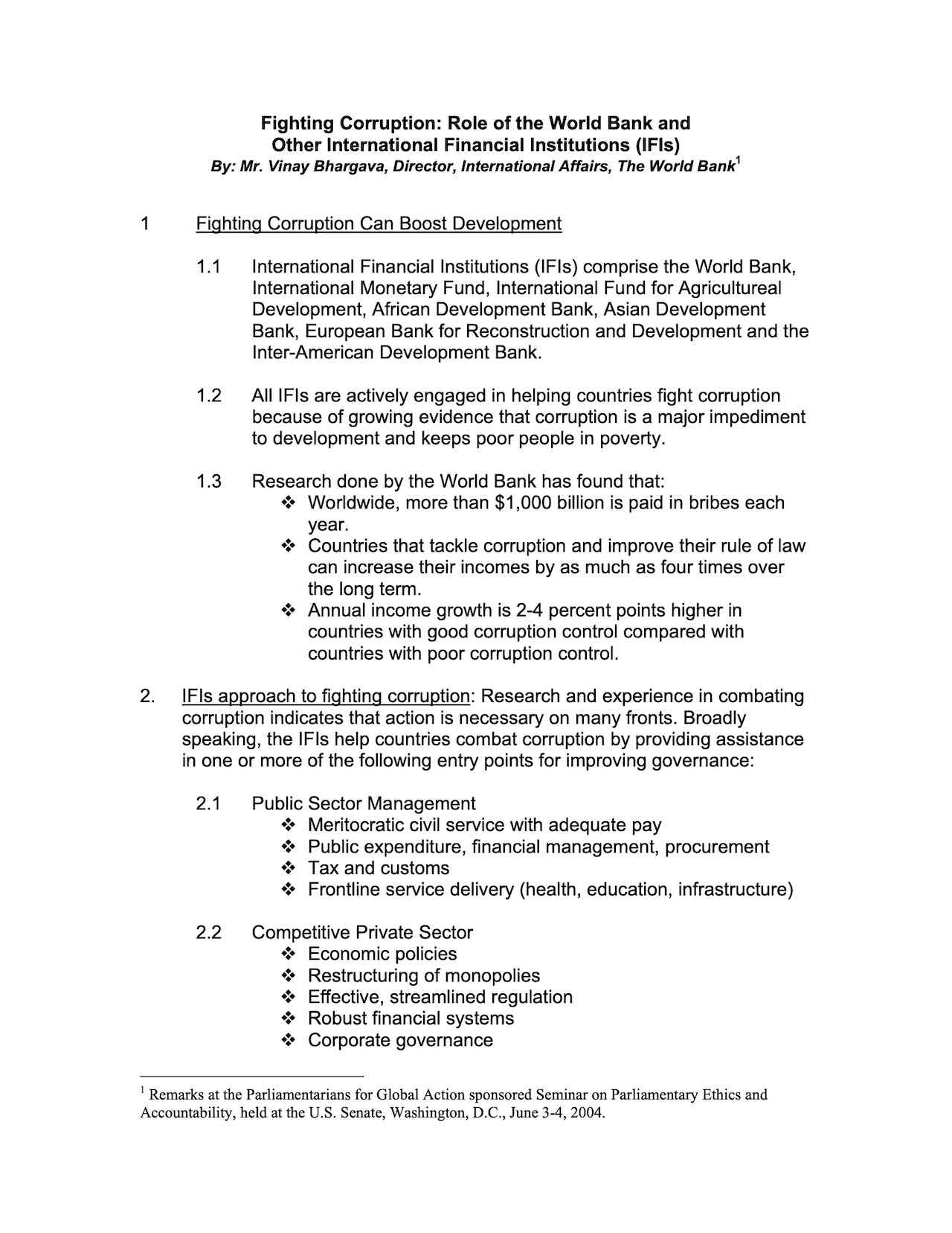 Remarks by Mr. Vinay Bhargava: Fighting Corruption: Role of the World Bank and Other International Financial Institutions (IFIs) (June 3-4, 2004)
