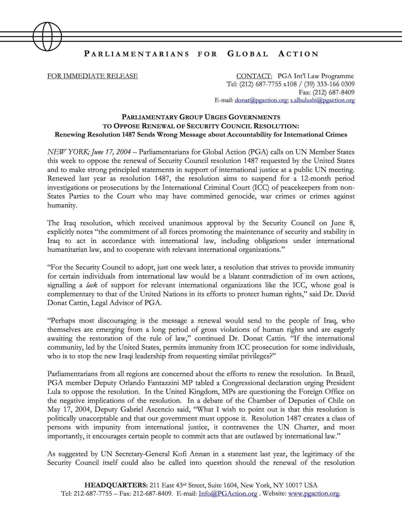 PGA Urges Governments to Oppose Renewal of Security Council Resolution 1487