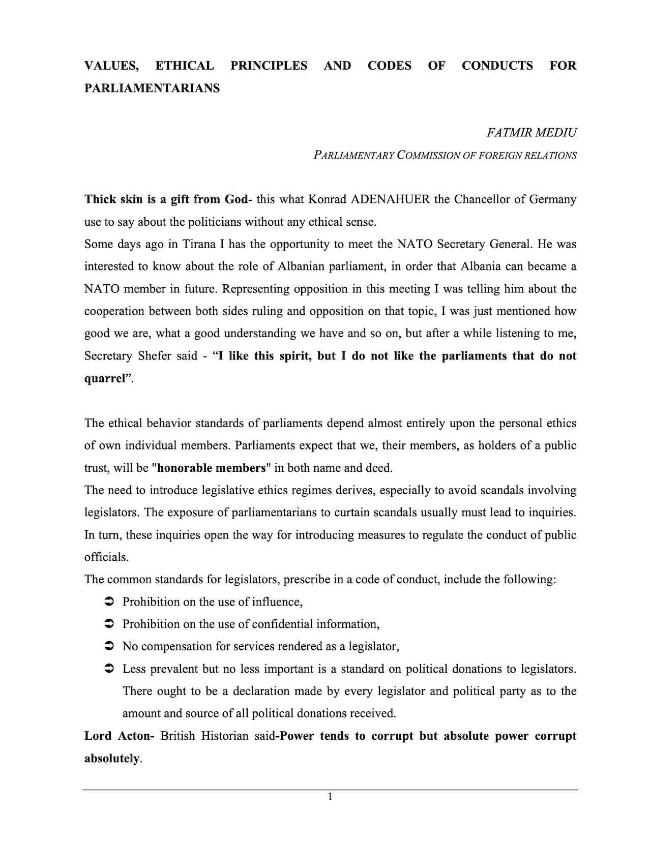 Speech by Fatmir Mediu: Values, Ethical Principles and Codes of Conduct for Parliamentarians