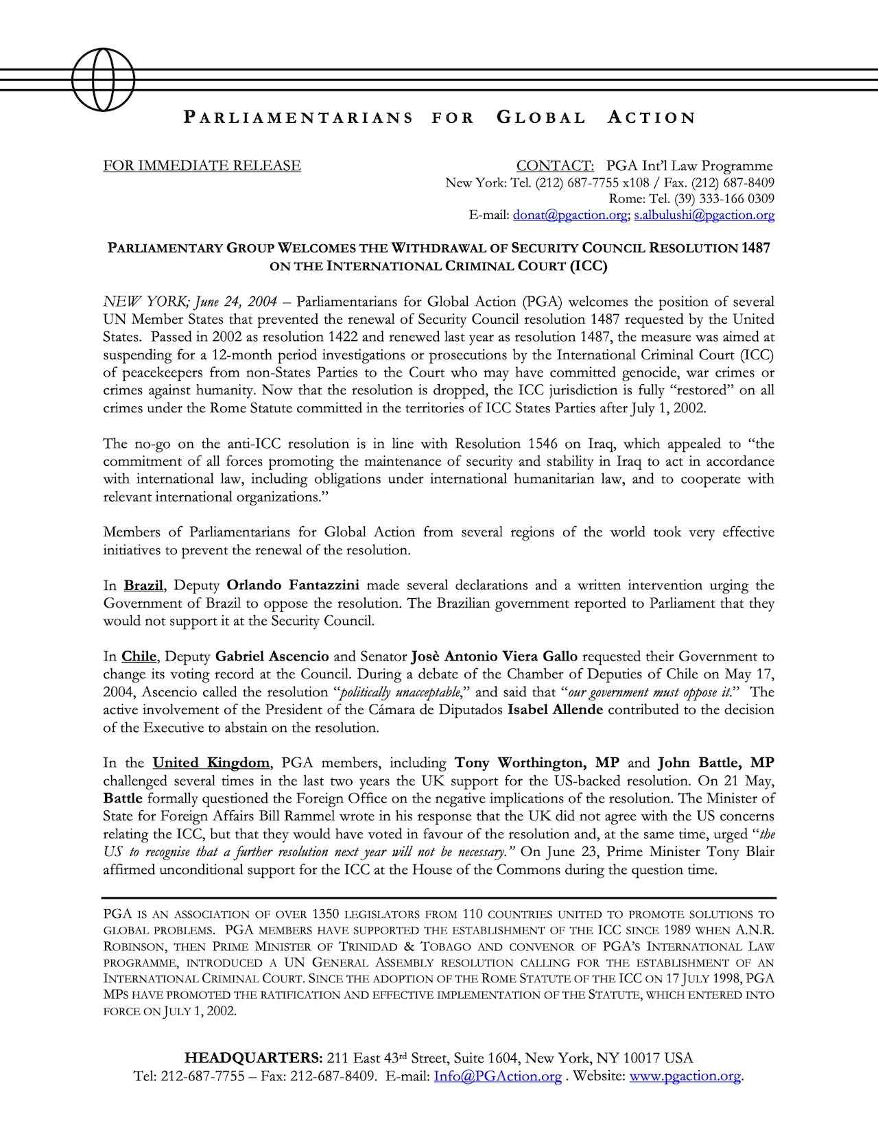 PGA Welcomes the Withdrawal of Security Council Resolution 1487 on the International Criminal Court (Jun. 2004)