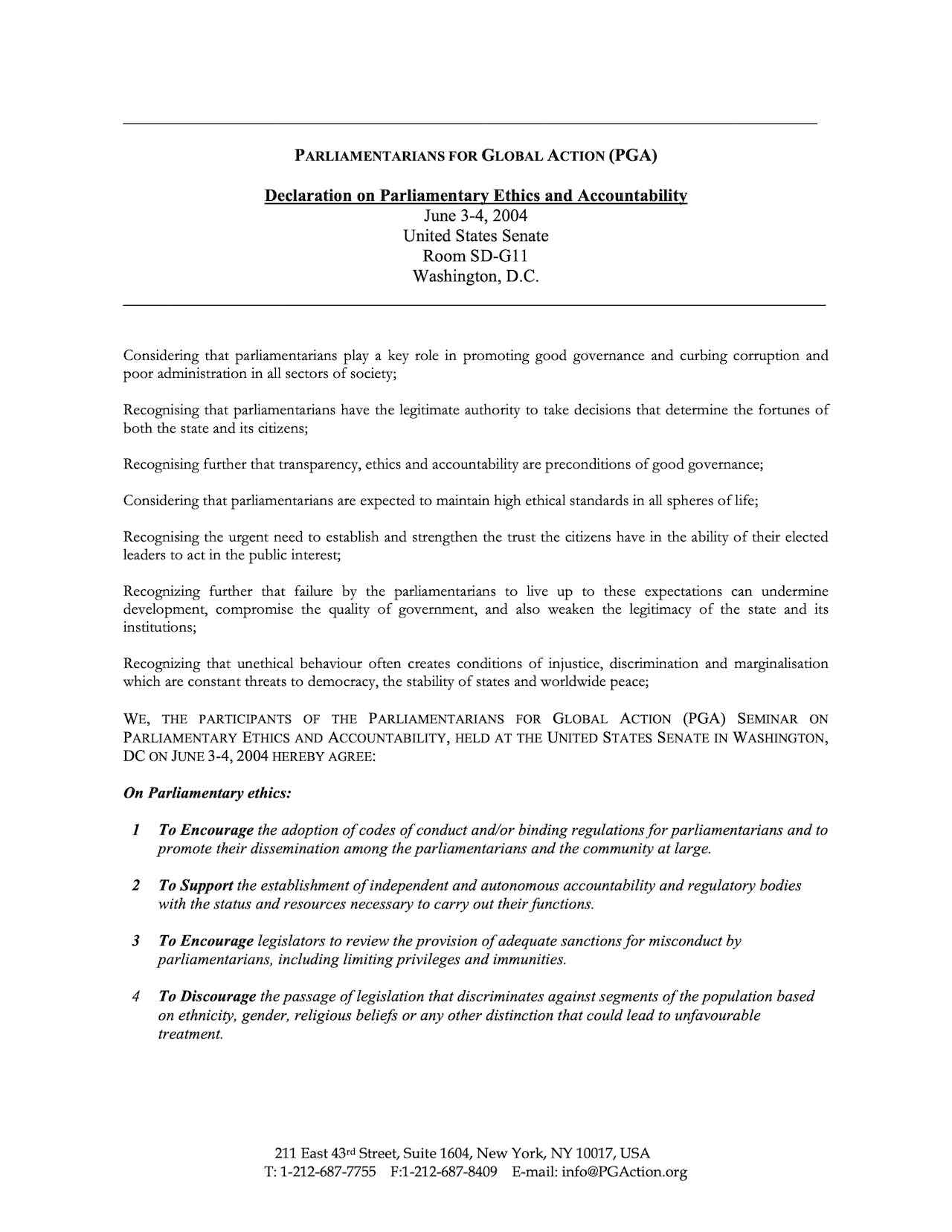 Declaration on Parliamentary Ethics and Accountability (June 2004)