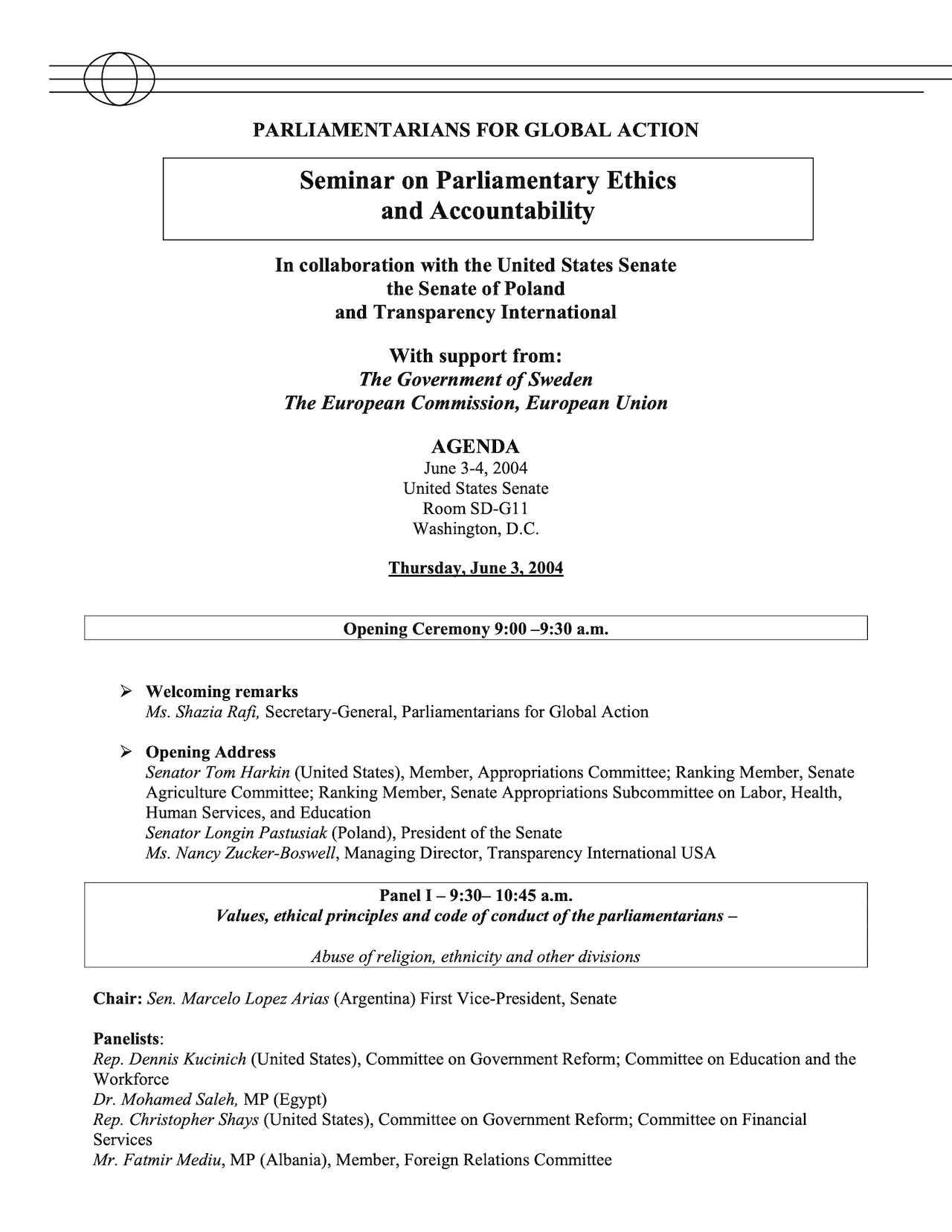 Agenda: Seminar on Parliamentary Ethics and Accountability (June 3-4, 2004)