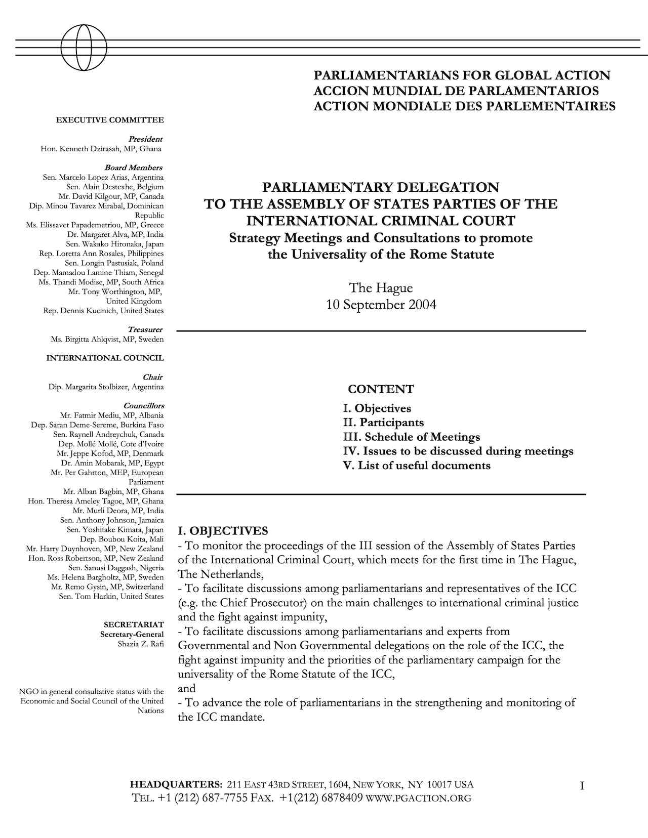 Parliamentary Delegation to the Assembly of States Parties of the ICC (Sep. 2004)