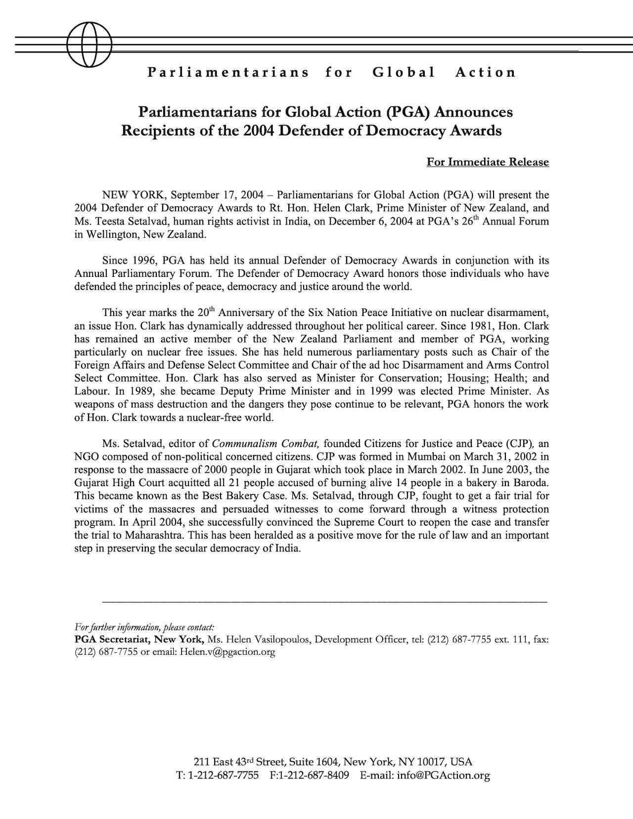 PGA Announces Recipients of the 2004 Defender of Democracy Awards