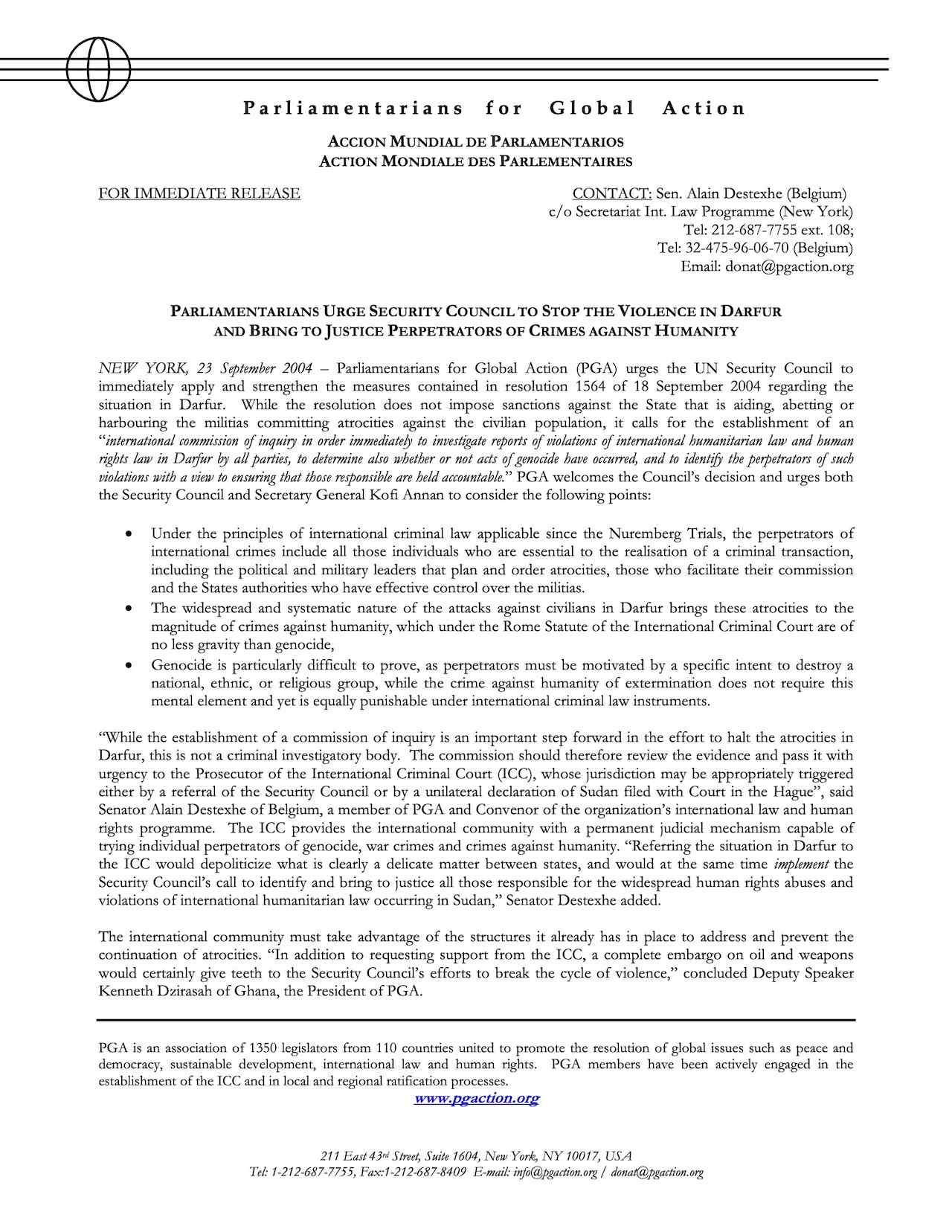 Parliamentarians Urge Security Council To Stop The Violence In Darfur And Bring To Justice Perpetrators Of Crimes Against Humanity