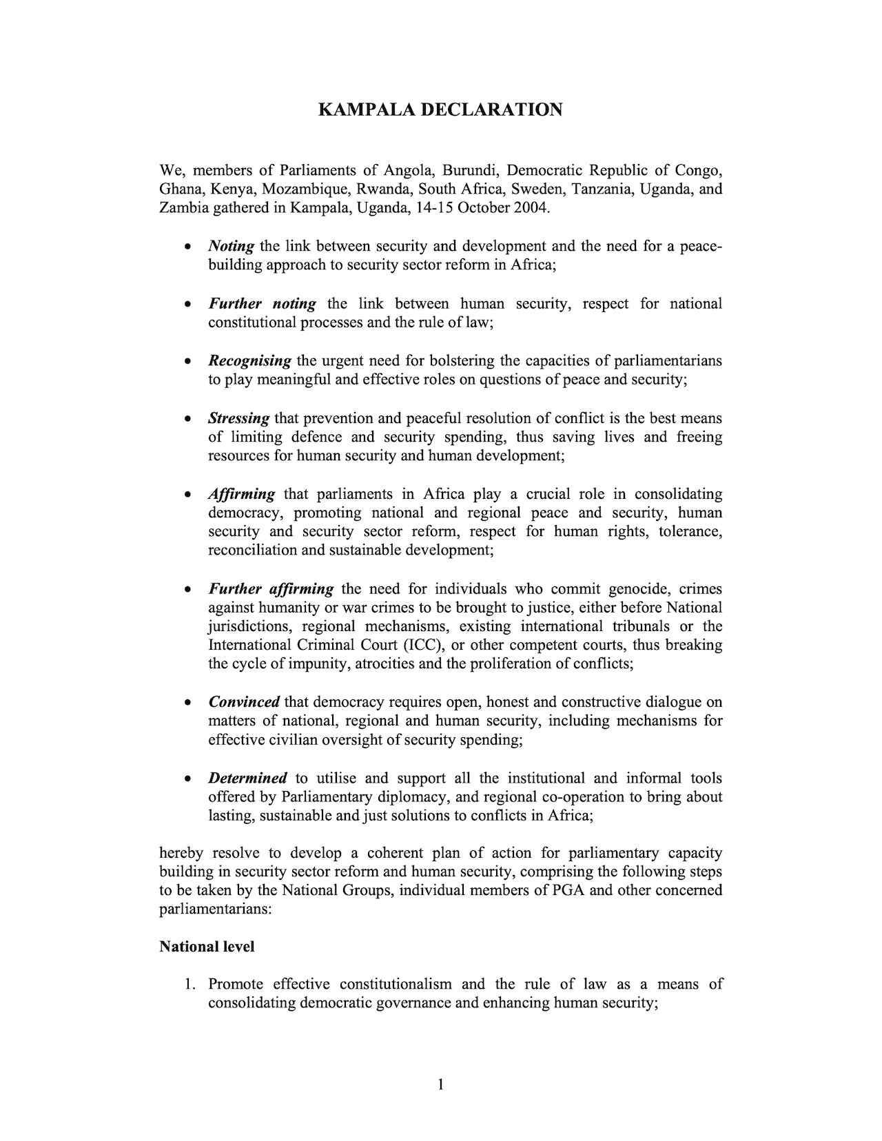 Kampala Declaration (14-15 October 2004)