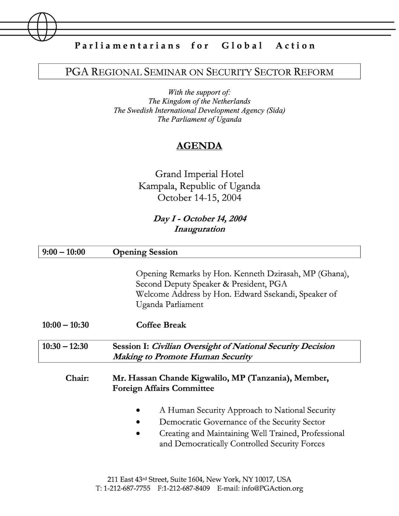Agenda: Uganda Regional Seminar on Security Sector Reform (Oct. 2004)