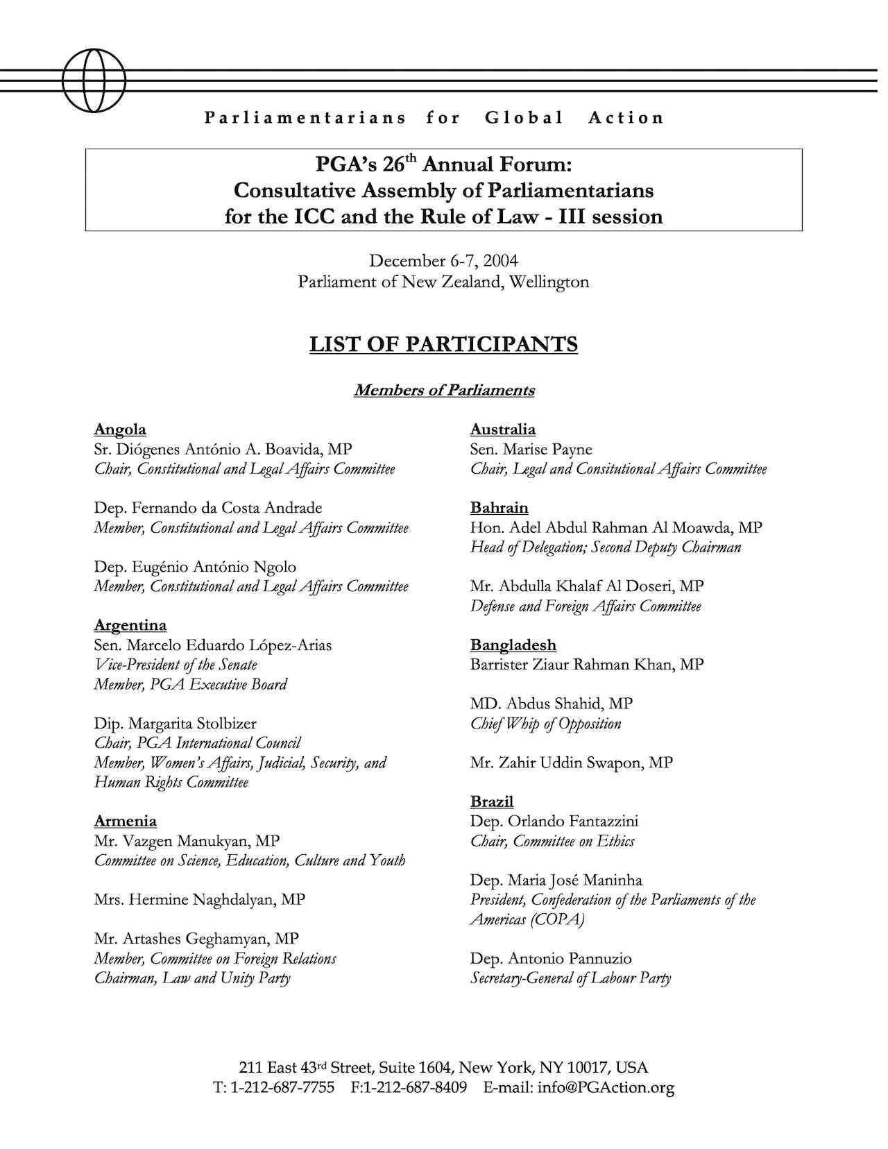 List of Participants: PGA’s 26th Annual Forum (December 2004)