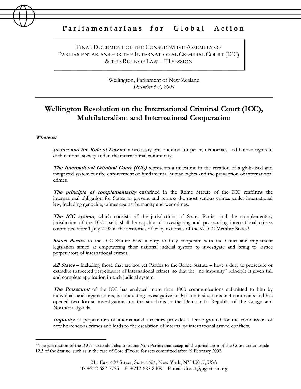 Wellington Resolution on the International Criminal Court (ICC), Multilateralism and International Cooperation