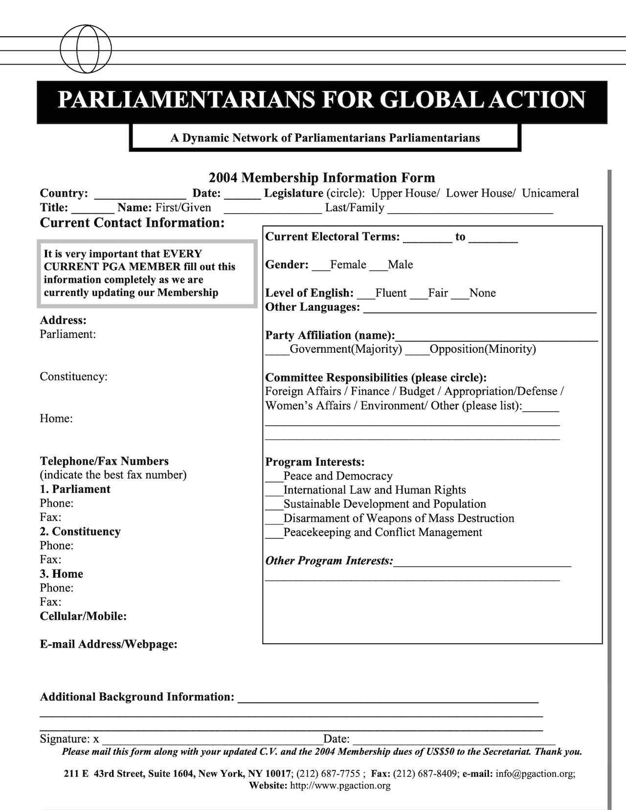 PGA Membership Form (2004) (English)