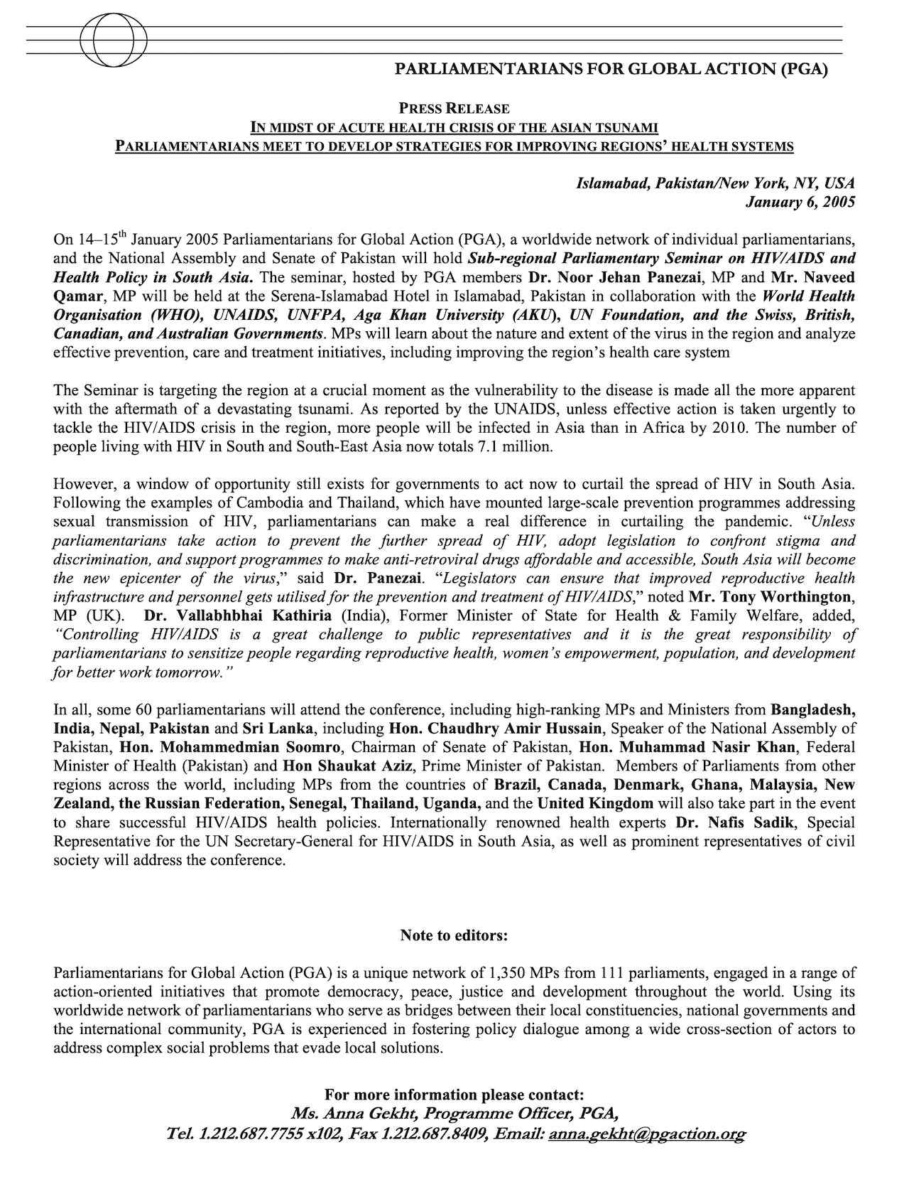 In Midst of Acute Health Crisis of the Asian Tsunami, Parliamentarians Meet to Develop Strategies for Improving Region's Health Systems