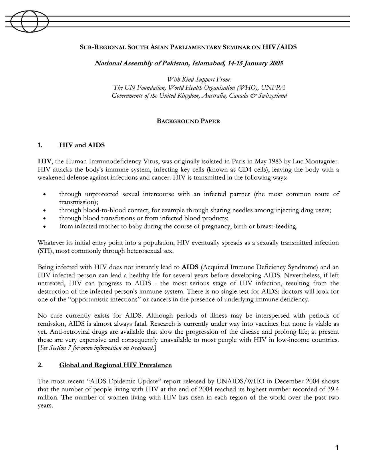 Background Paper: Sub-Regional South Asian Parliamentary Seminar on HIV/AIDS