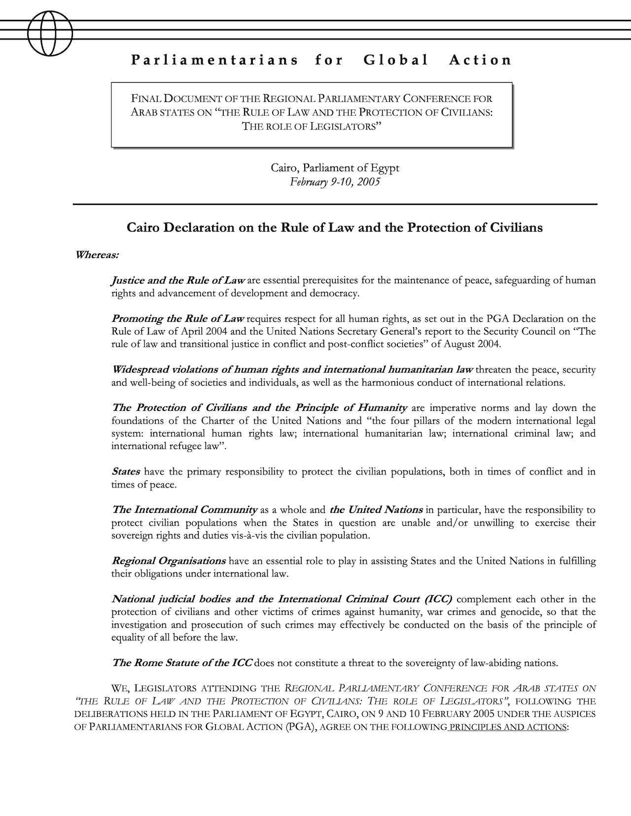 Cairo Declaration on the Rule of Law and the Protection of Civilians (Feb. 2005)