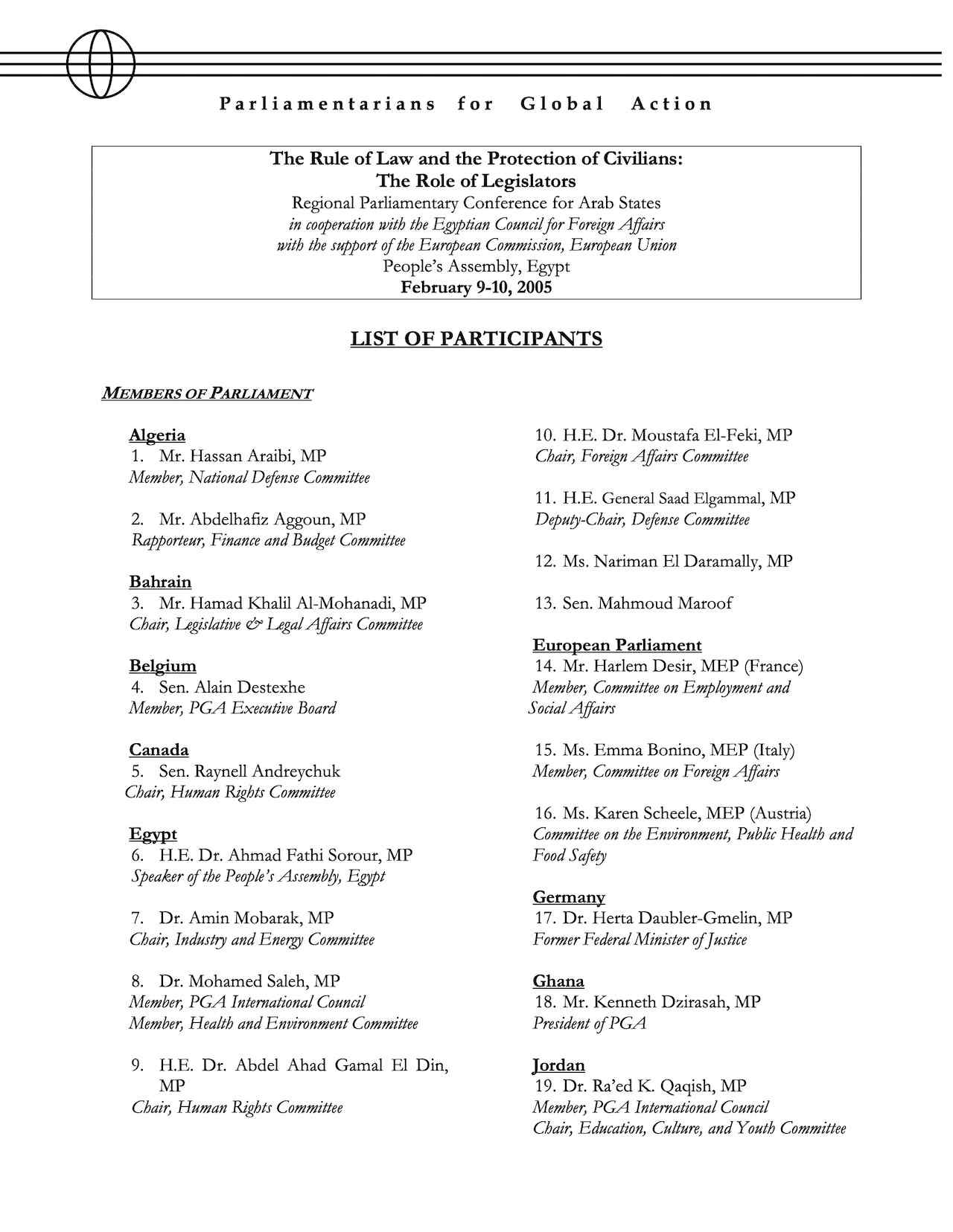 List of Participants: Regional Parliamentary Conference for Arab States (Egypt) (Feb. 2005)