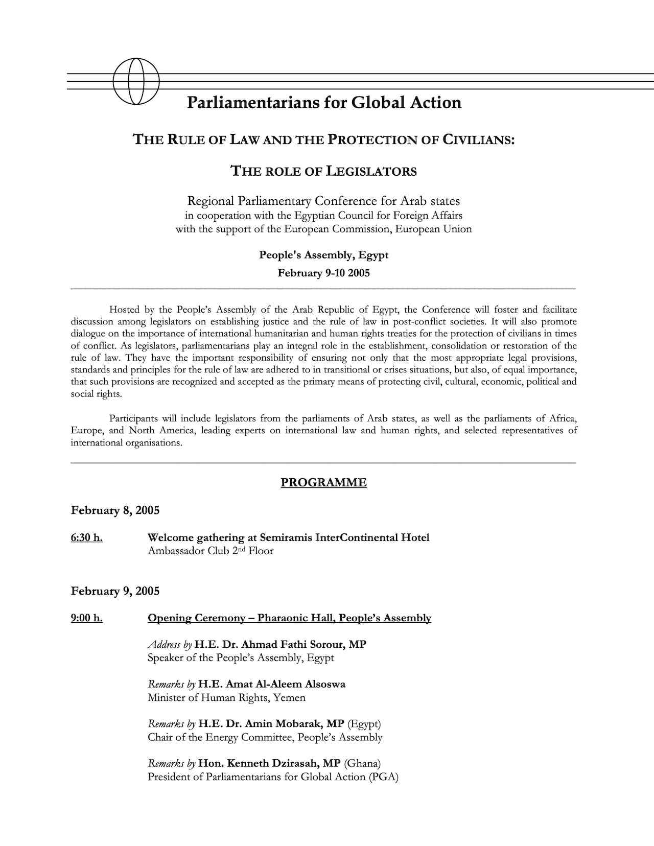 Agenda: Regional Parliamentary Conference for Arab States (People's Assembly, Egypt) (Feb. 2005)