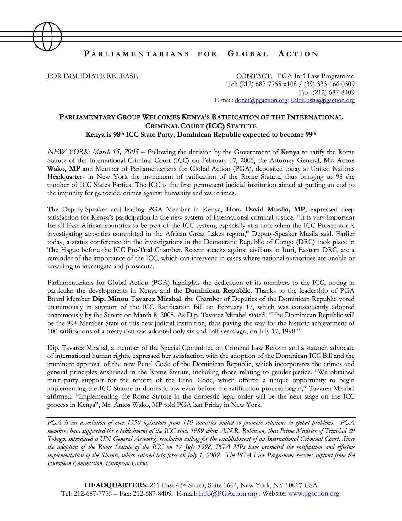 Parliamentary Group Welcomes Kenya’s Ratification of Rome Statute of the International Criminal Court (Mar. 2005)