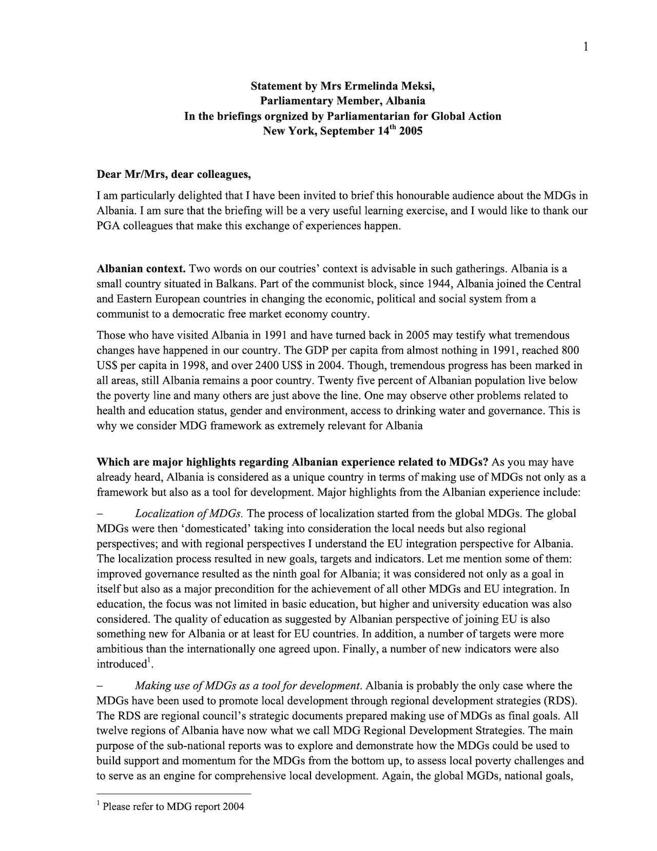 Statement by Mrs Ermelinda Meksi (Sep. 2005)