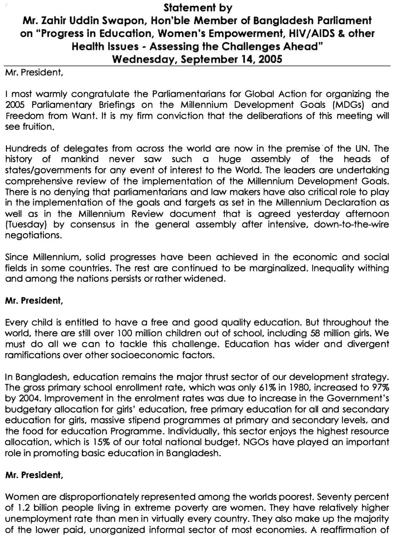 Statement by Mr. Zahir Uddin Swapon (Sep. 2005)