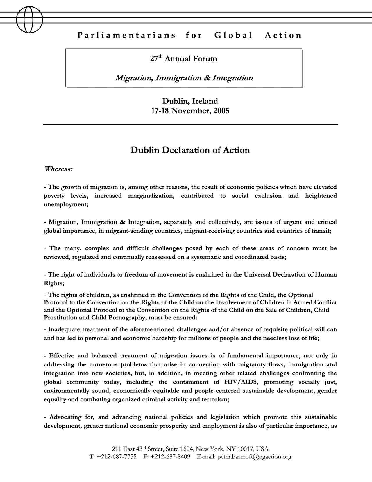 Dublin Declaration of Action - 27th Annual Forum (Nov. 2005)