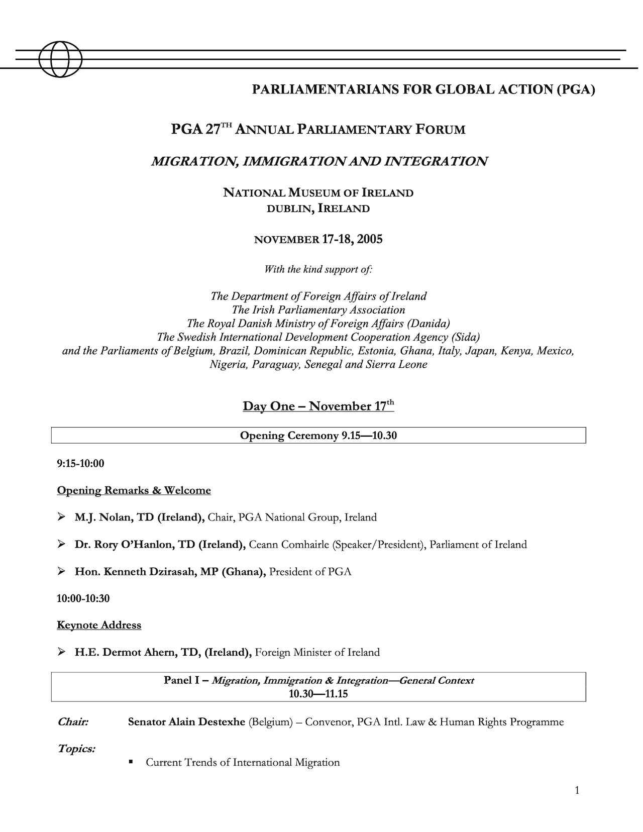 Agenda: PGA 27th Annual Parliamentary Forum - Migration, Immigration and Integration