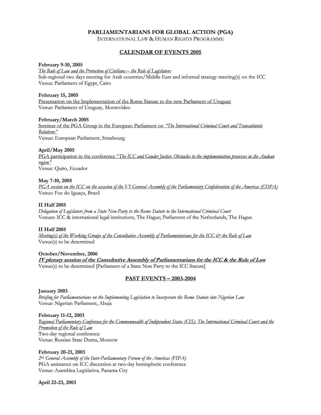 ILHR Programme - Calendar of Events 2005