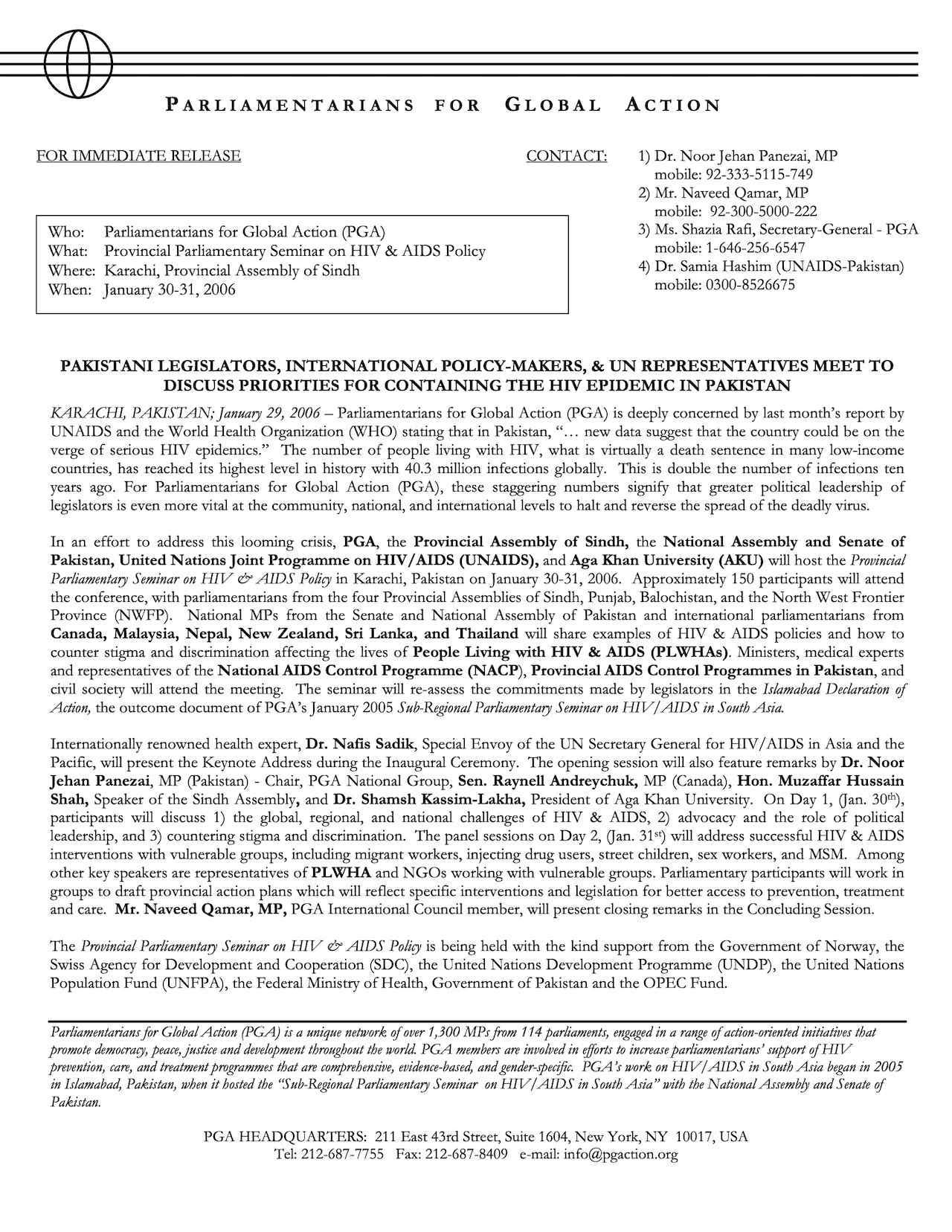 Pakistani Legislators, International Policy-Makers, & UN Representatives to Meet to Discuss Priorities for Containing the HIV Epidemic in Pakistan