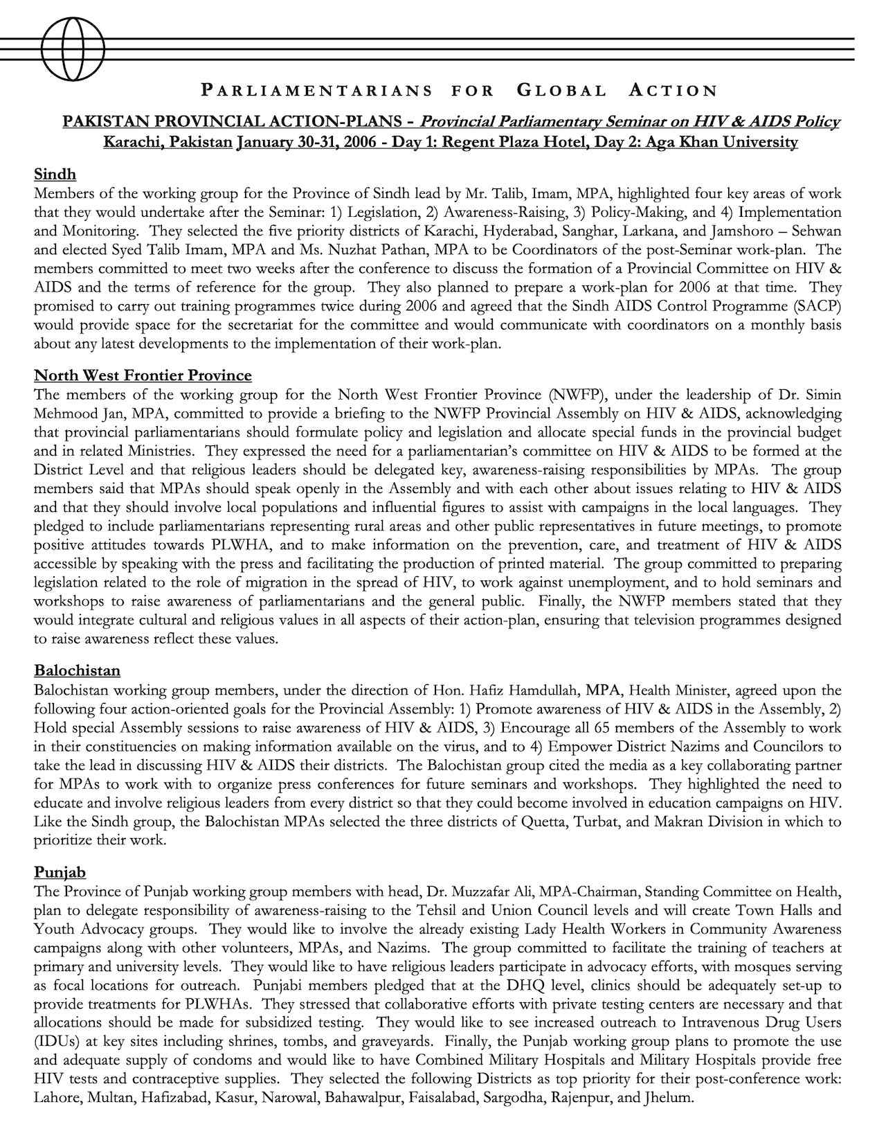 Pakistan Provincial Action Plans - Provincial Parliamentary Seminar on HIV & AIDS Policy