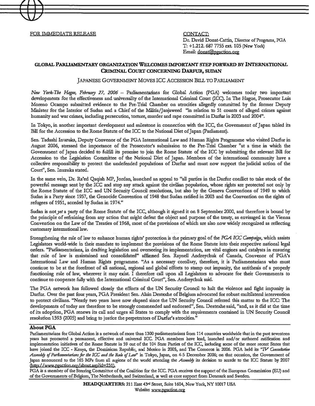 Global Parliamentary Organization Welcomes Important Step Forward By International Criminal Court Concerning Darfur, Sudan