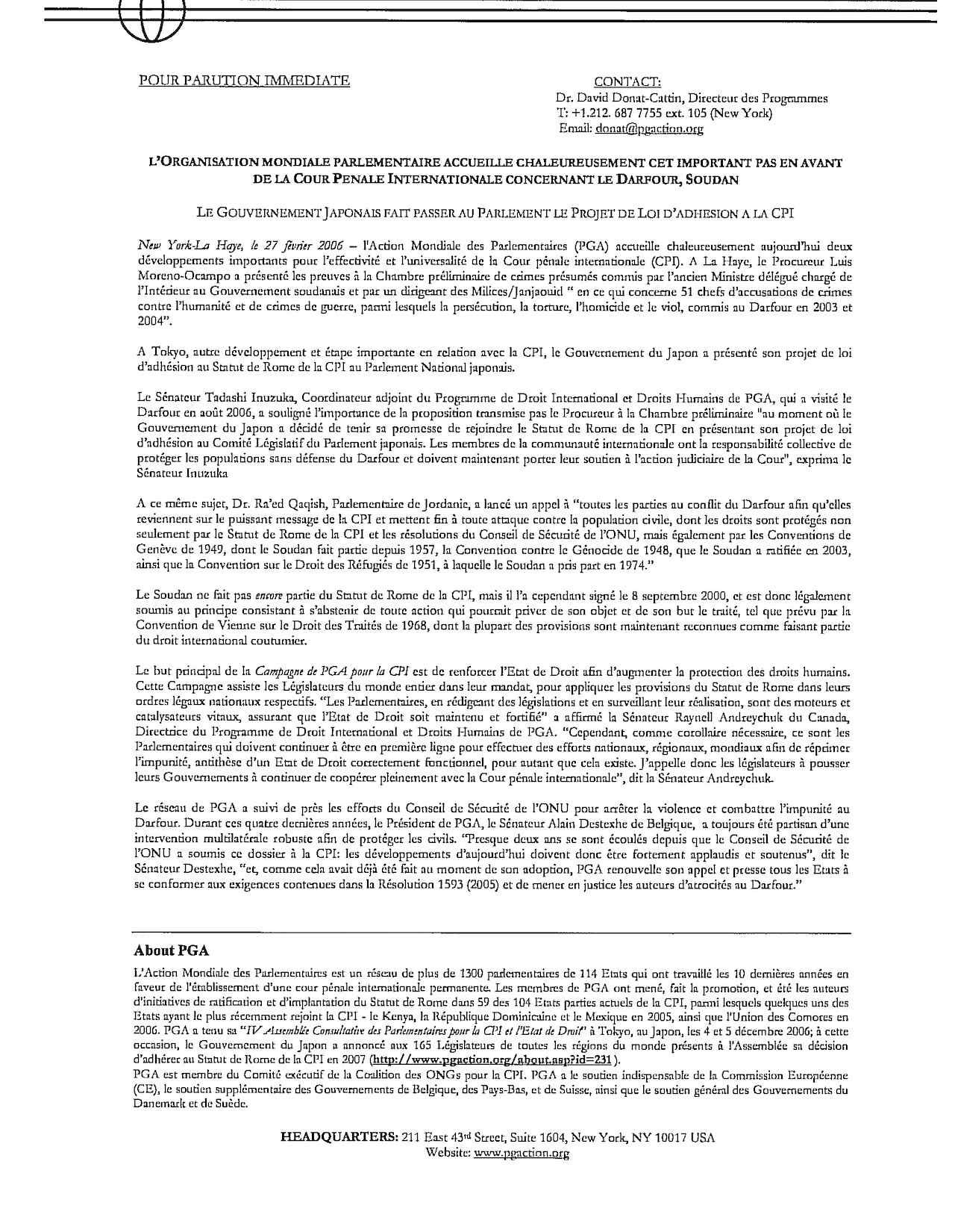 L'organisation Mondiale Parlementaire Accueille Chaleureusement Cet Important Pas En Avant De La Cour Penale Internationale Concernant Le Darfour, Soudan