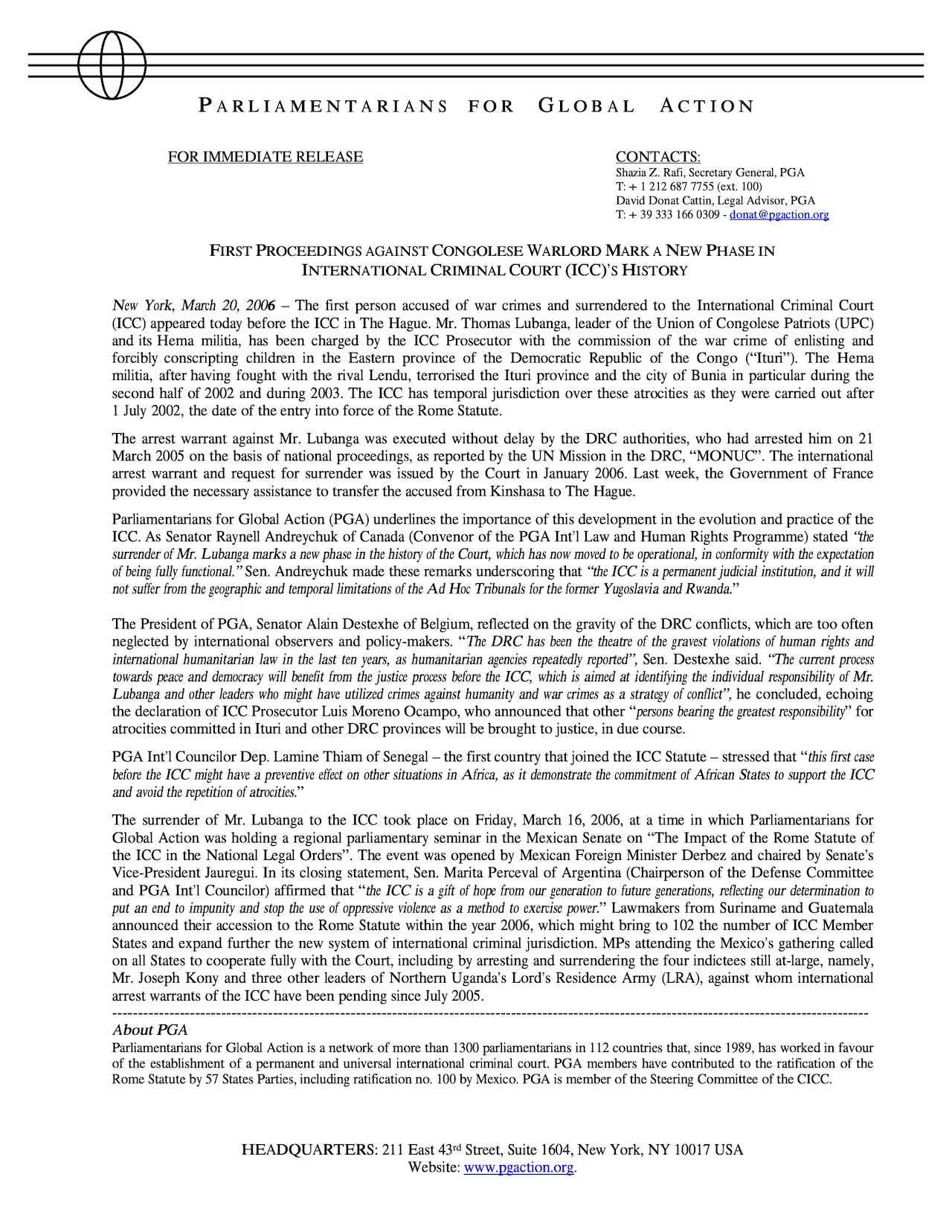 First Proceedings Against Congolese Warlord Mark a New Phase in International Criminal Court's History